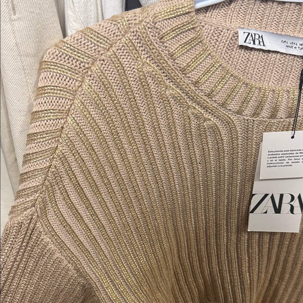 ZARA Cropped Distressed Knit Sweater in Tan - Picture 2 of 3